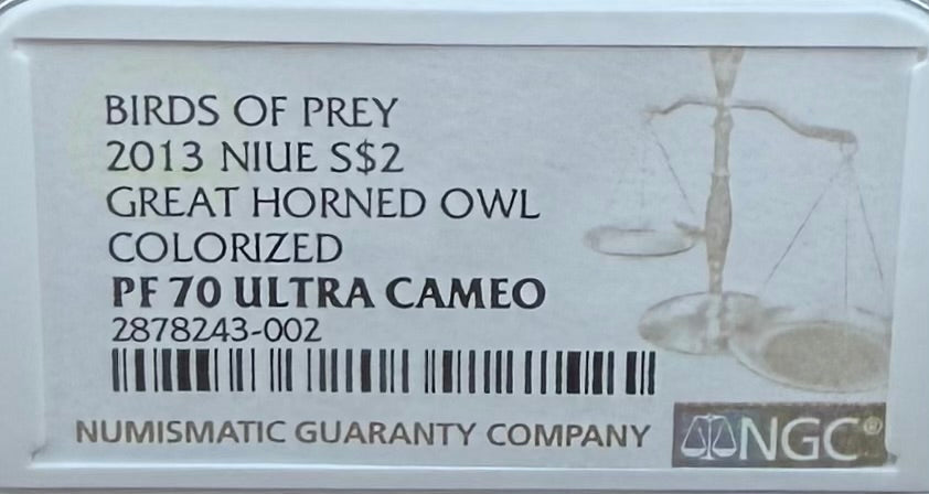 2013 Niue Silver Dollar $2 NGC PF70UC Birds of Prey - Great Horned Owl Colorized (1 of 10) Mint