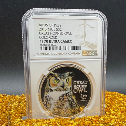2013 Niue Silver Dollar $2 NGC PF70UC Birds of Prey - Great Horned Owl Colorized (1 of 10) Mint
