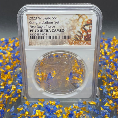 Proof 2023 (W) $1 American Silver Eagle NGC PF70 First Day of Issue Congratulations Set Confetti Label Mint Condition (1 of 2,264)