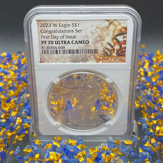 Proof 2023 (W) $1 American Silver Eagle NGC PF70 First Day of Issue Congratulations Set Confetti Label Mint Condition (1 of 2,264)