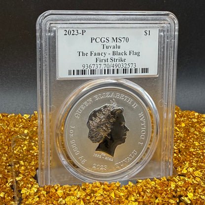 2023-P 1 oz Tuvaluan Silver Dollar $1 PCGS MS70 First Strike Pirate Ship - The Fancy Black Flag (1 of 195) Mint!