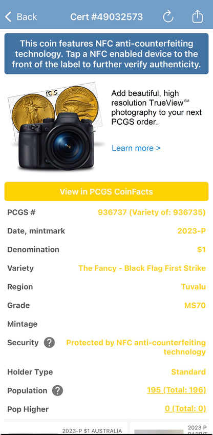 2023-P 1 oz Tuvaluan Silver Dollar $1 PCGS MS70 First Strike Pirate Ship - The Fancy Black Flag (1 of 195) Mint!