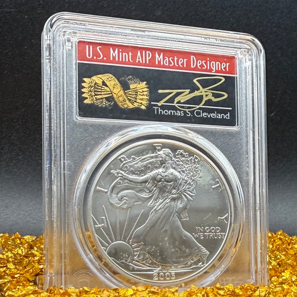 2003 $1 American Silver Eagle PCGS MS70 Thomas Cleveland Signed Arrows Label Rare 1 of 65