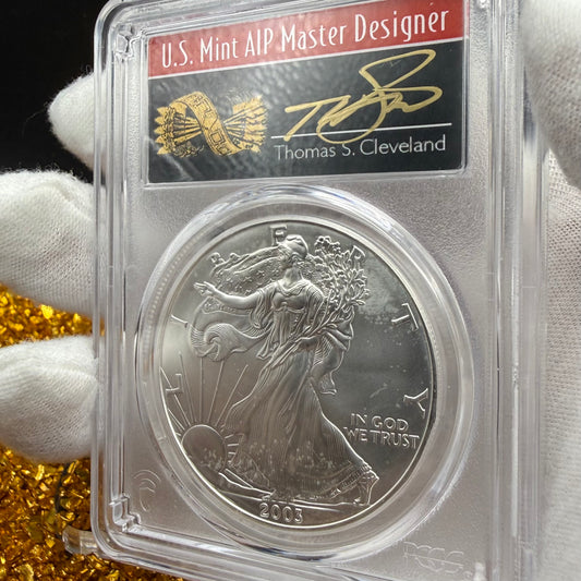 2003 $1 American Silver Eagle PCGS MS70 Thomas Cleveland Signed Arrows Label Rare 1 of 65