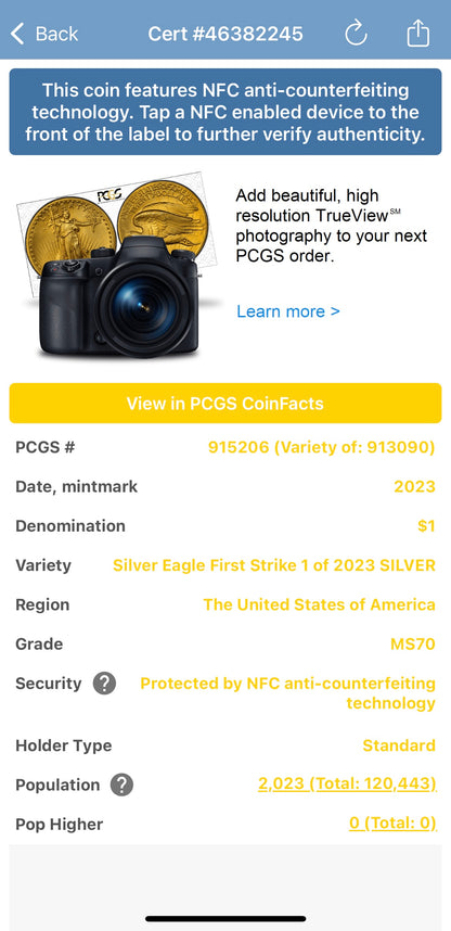 2023 $1 American Silver Eagle PCGS MS70 First Strike Silver Foil Label (Rare 1 of 2023)