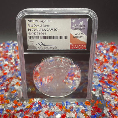 Proof 2018 (W) $1 American Silver Eagle NGC PF70 American Flag Label John Mercanti Signed (1 of 1,128)