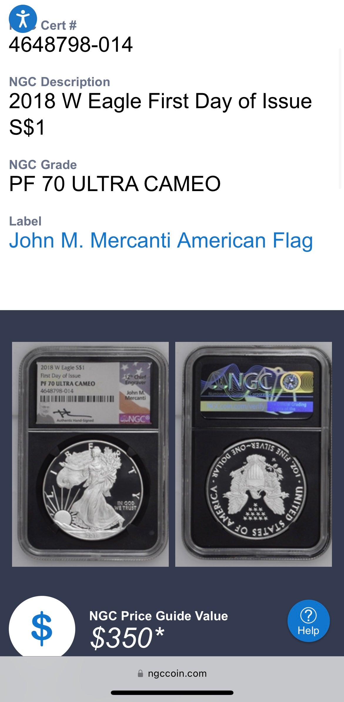 Proof 2018 (W) $1 American Silver Eagle NGC PF70 American Flag Label John Mercanti Signed (1 of 1,128)