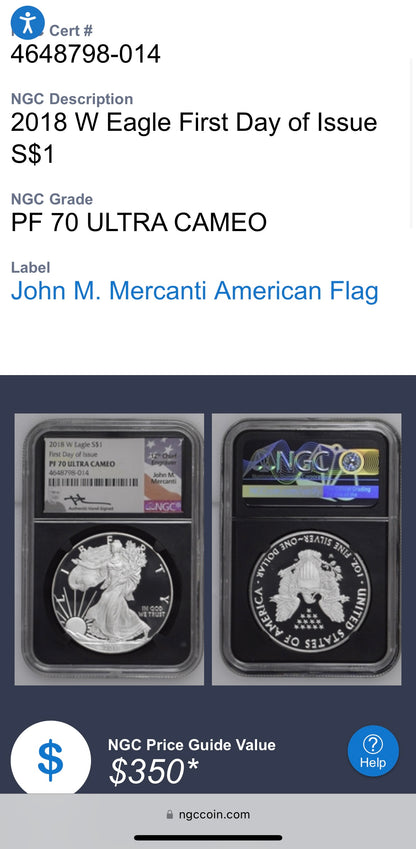 Proof 2018 (W) $1 American Silver Eagle NGC PF70 American Flag Label John Mercanti Signed (1 of 1,128)
