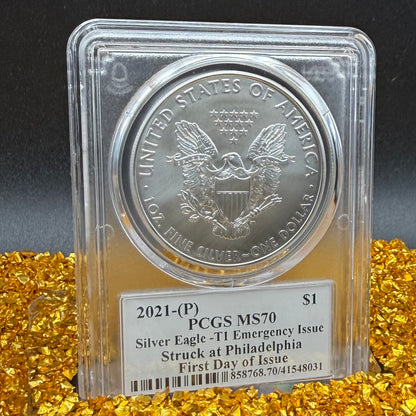 2021 (P) $1 American Silver Eagle PCGS MS70 Type 1 FDOI Emergency Production Thomas Cleveland Signed Rare Arrows Label 1 of 250 Mint
