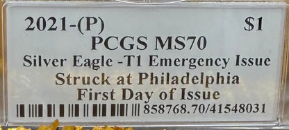 2021 (P) $1 American Silver Eagle PCGS MS70 Type 1 FDOI Emergency Production Thomas Cleveland Signed Rare Arrows Label 1 of 250 Mint