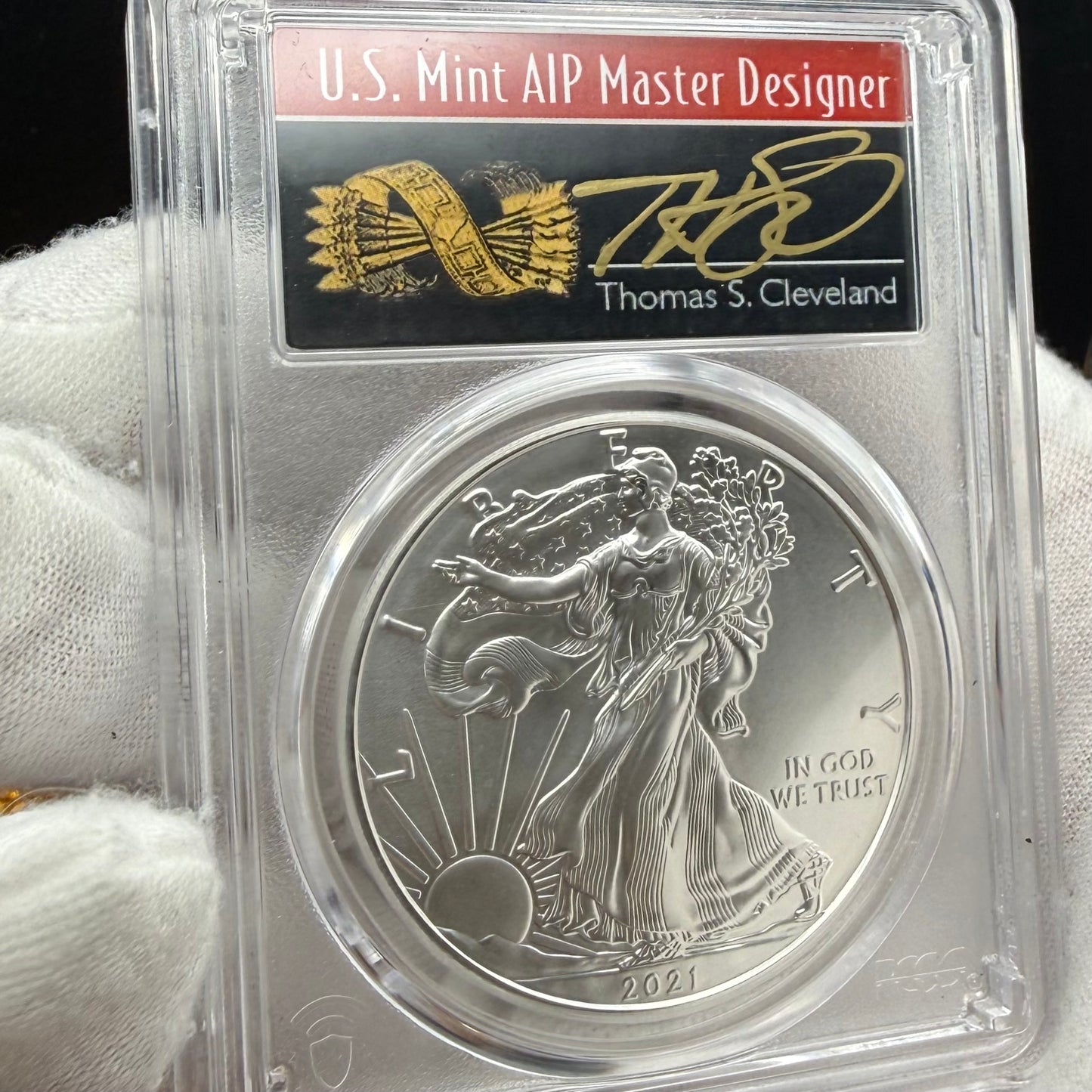 2021 (P) $1 American Silver Eagle PCGS MS70 Type 1 FDOI Emergency Production Thomas Cleveland Signed Rare Arrows Label 1 of 250 Mint