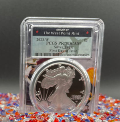 Proof 2023 (W) $1 American Silver Eagle PCGS PR70DCAM FDOI West Point Fighter Jet Label (Rare 1 of 65)