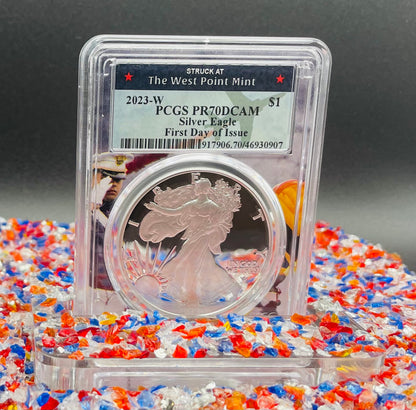 Proof 2023 (W) $1 American Silver Eagle PCGS PR70DCAM FDOI West Point Fighter Jet Label (Rare 1 of 65)