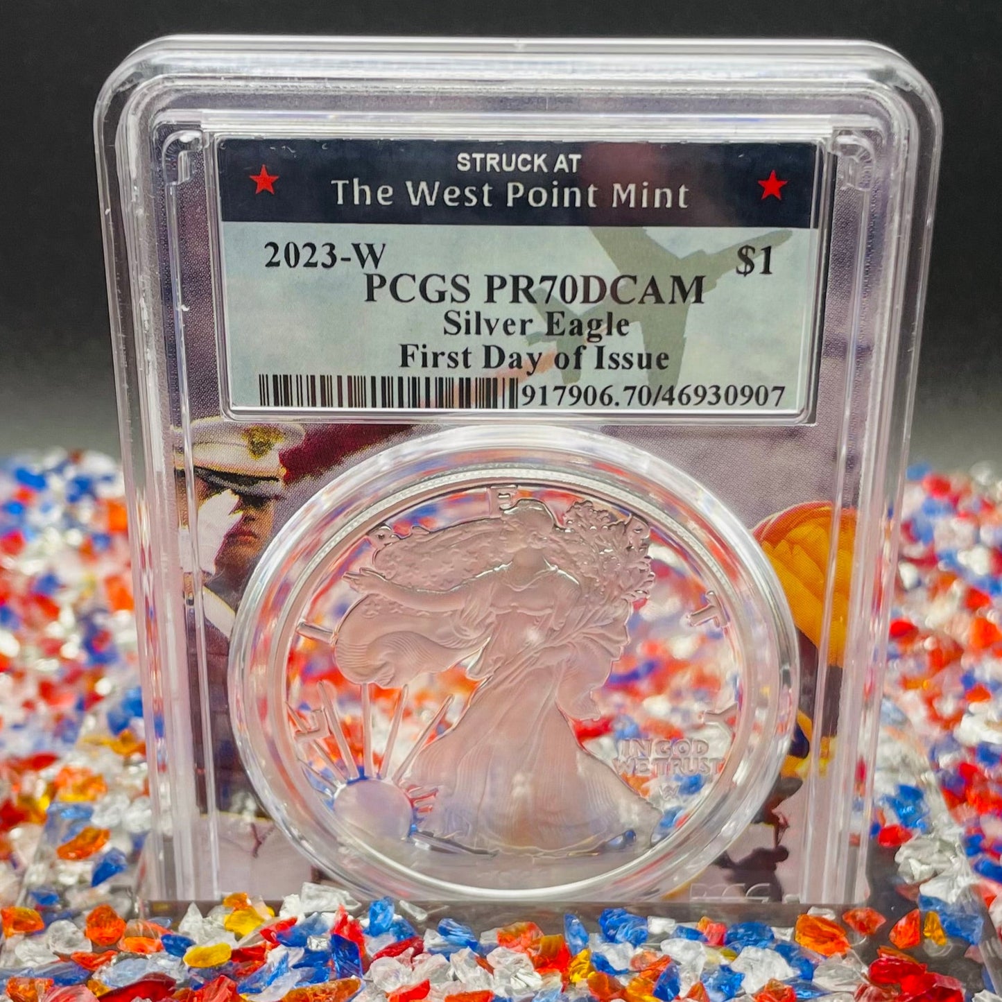 Proof 2023 (W) $1 American Silver Eagle PCGS PR70DCAM FDOI West Point Fighter Jet Label (Rare 1 of 65)