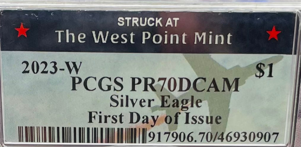 Proof 2023 (W) $1 American Silver Eagle PCGS PR70DCAM FDOI West Point Fighter Jet Label (Rare 1 of 65)