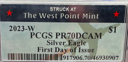 Proof 2023 (W) $1 American Silver Eagle PCGS PR70DCAM FDOI West Point Fighter Jet Label (Rare 1 of 65)