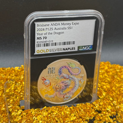 2024 P125 Silver $1 Australia Lunar Series III NGC MS70 Year of the Dragon White Colorized Brisbane ANDA Money Expo Naples Label Black (Rare 1 of 77)