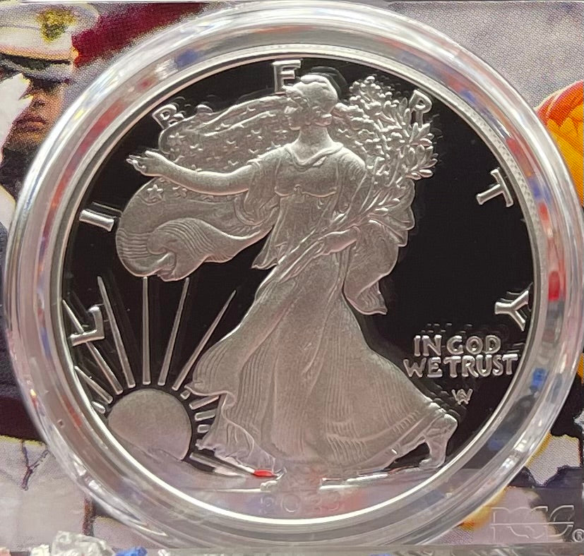 Proof 2023 (W) $1 American Silver Eagle PCGS PR70DCAM FDOI West Point Fighter Jet Label (Rare 1 of 65)