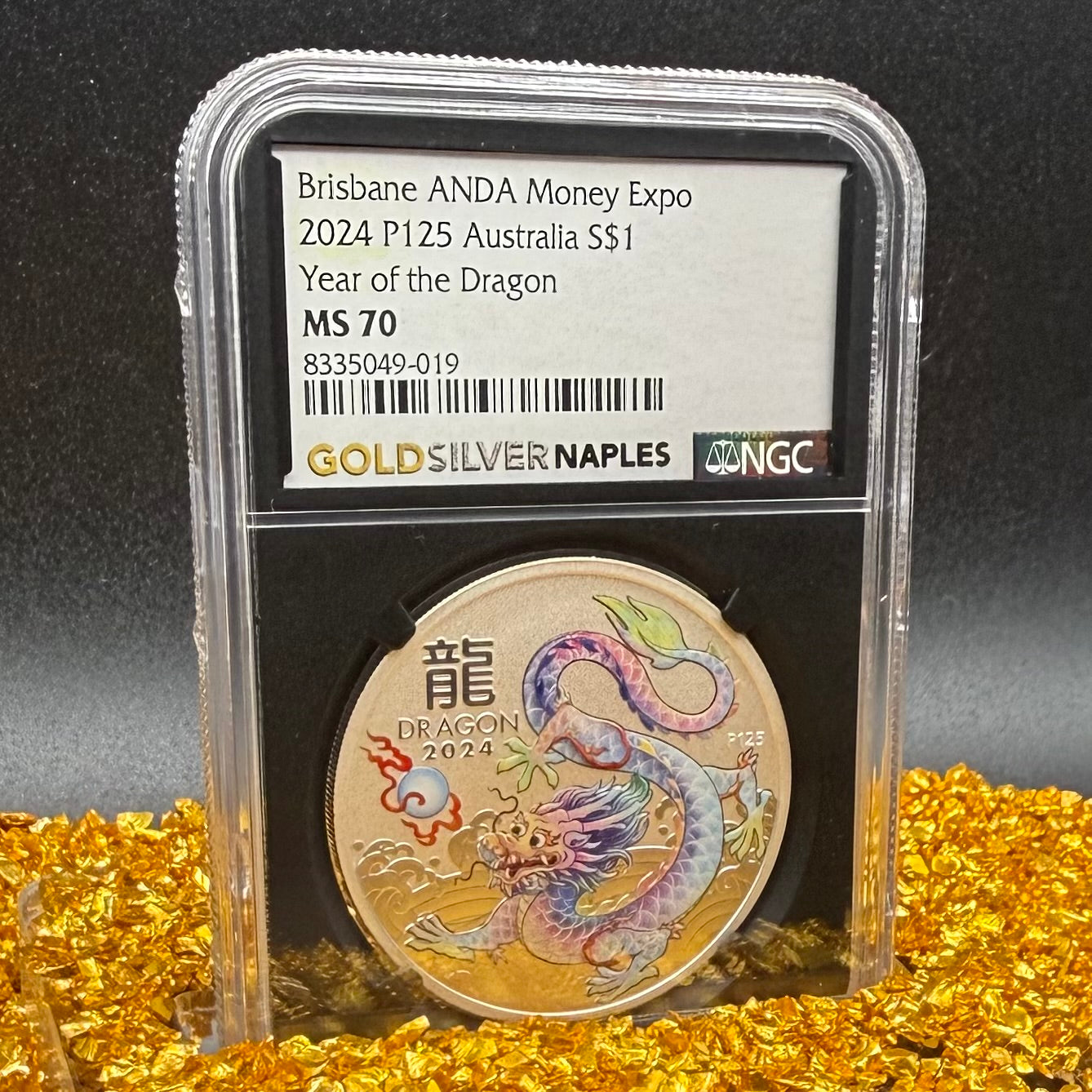 2024 P125 Silver $1 Australia Lunar Series III NGC MS70 Year of the Dragon White Colorized Brisbane ANDA Money Expo Naples Label Black (Rare 1 of 77)