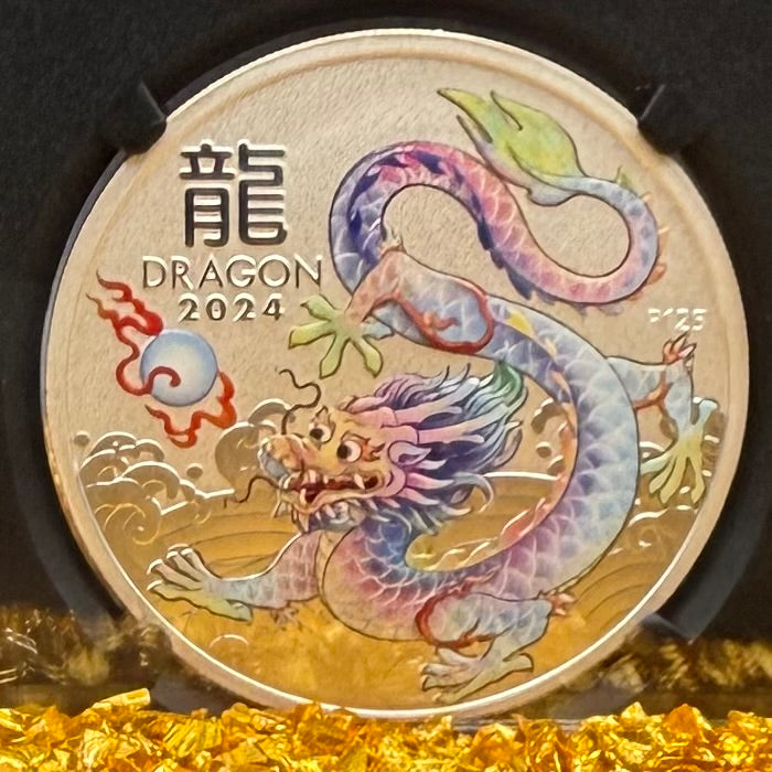 2024 P125 Silver $1 Australia Lunar Series III NGC MS70 Year of the Dragon White Colorized Brisbane ANDA Money Expo Naples Label Black (Rare 1 of 77)