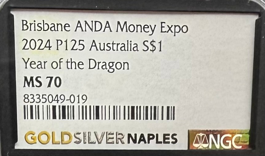 2024 P125 Silver $1 Australia Lunar Series III NGC MS70 Year of the Dragon White Colorized Brisbane ANDA Money Expo Naples Label Black (Rare 1 of 77)