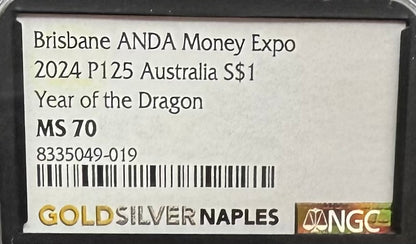 2024 P125 Silver $1 Australia Lunar Series III NGC MS70 Year of the Dragon White Colorized Brisbane ANDA Money Expo Naples Label Black (Rare 1 of 77)