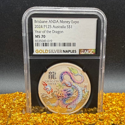 2024 P125 Silver $1 Australia Lunar Series III NGC MS70 Year of the Dragon White Colorized Brisbane ANDA Money Expo Naples Label Black (Rare 1 of 77)