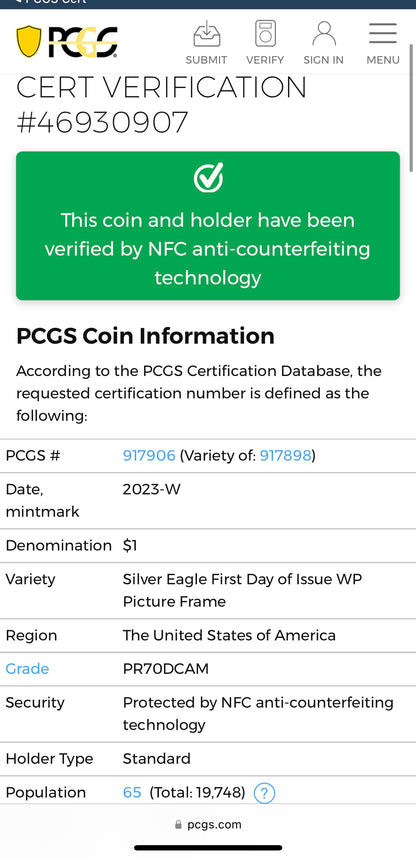 Proof 2023 (W) $1 American Silver Eagle PCGS PR70DCAM FDOI West Point Fighter Jet Label (Rare 1 of 65)