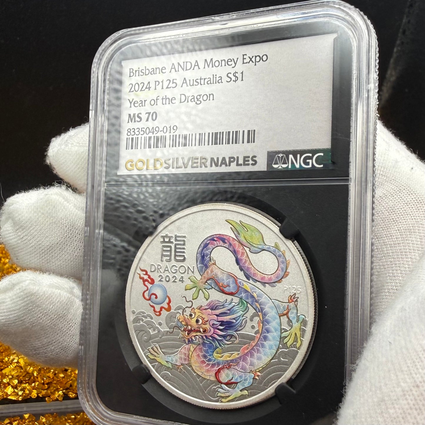 2024 P125 Silver $1 Australia Lunar Series III NGC MS70 Year of the Dragon White Colorized Brisbane ANDA Money Expo Naples Label Black (Rare 1 of 77)