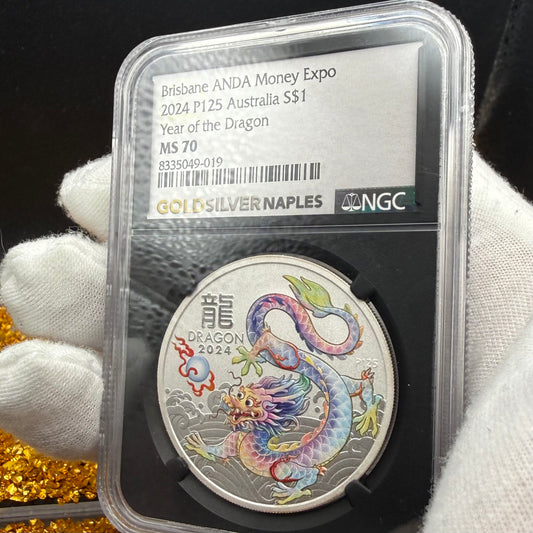 2024 P125 Silver $1 Australia Lunar Series III NGC MS70 Year of the Dragon White Colorized Brisbane ANDA Money Expo Naples Label Black (Rare 1 of 77)