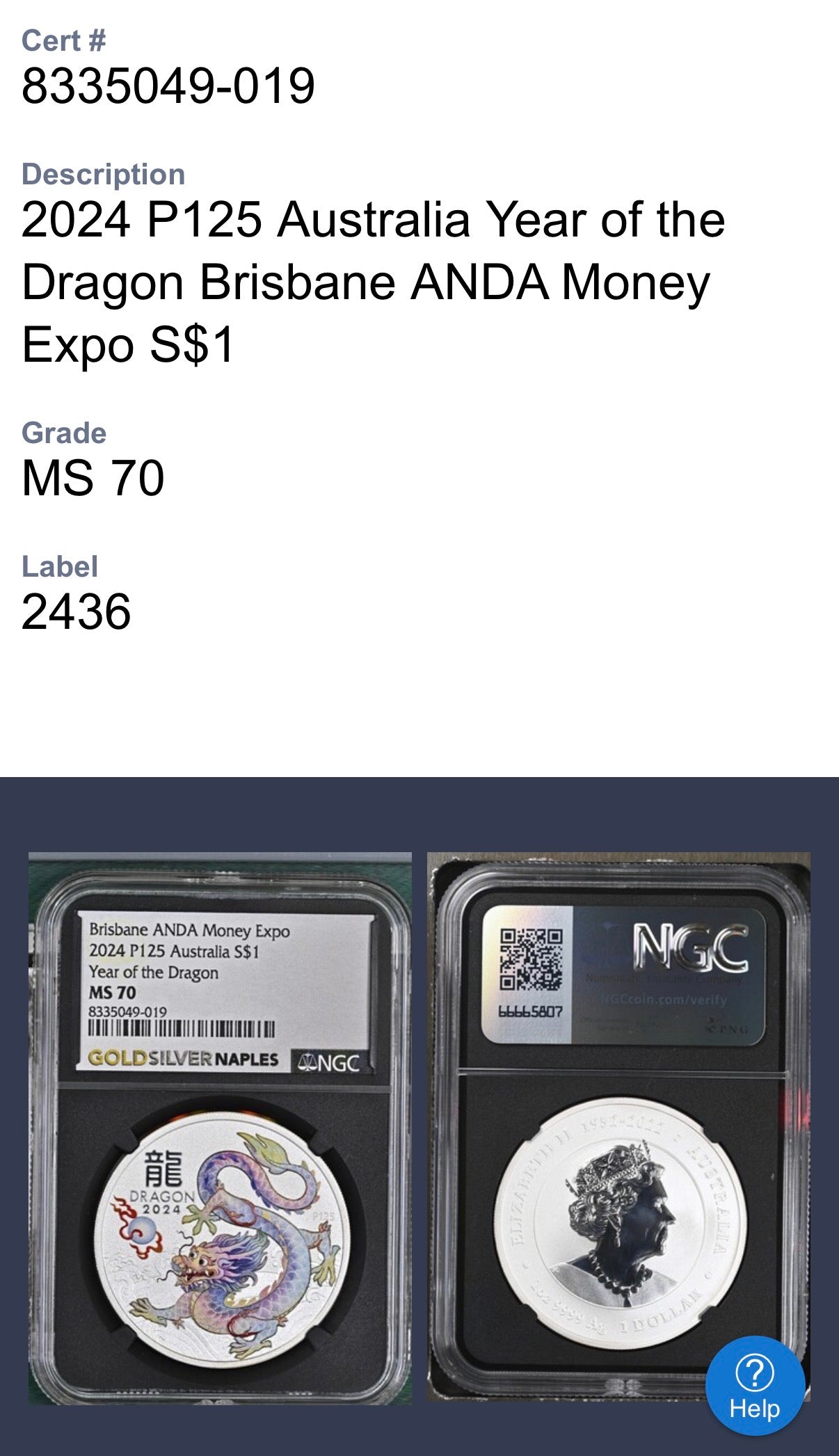 2024 P125 Silver $1 Australia Lunar Series III NGC MS70 Year of the Dragon White Colorized Brisbane ANDA Money Expo Naples Label Black (Rare 1 of 77)