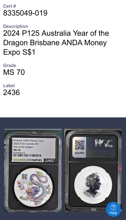 2024 P125 Silver $1 Australia Lunar Series III NGC MS70 Year of the Dragon White Colorized Brisbane ANDA Money Expo Naples Label Black (Rare 1 of 77)