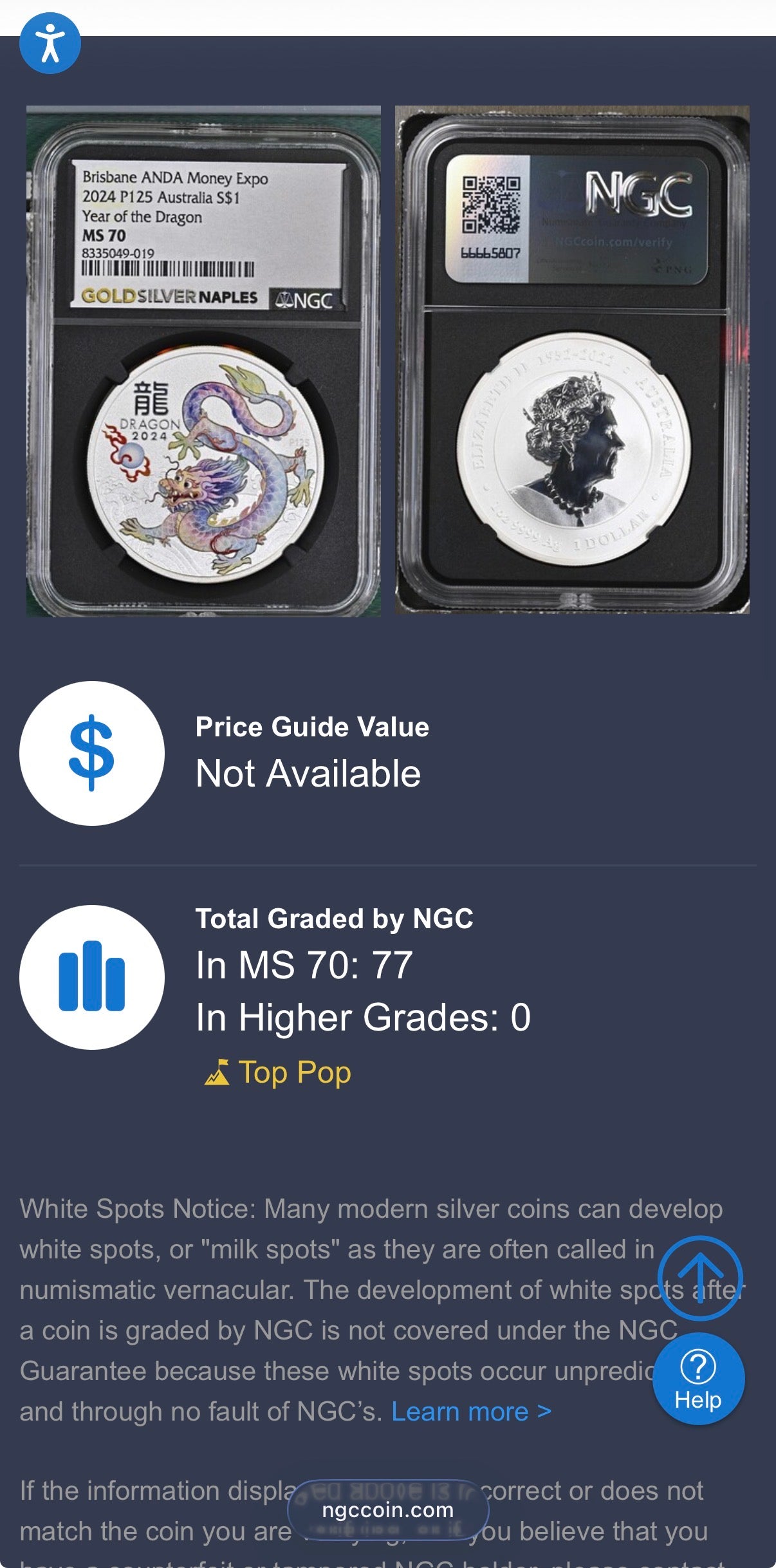 2024 P125 Silver $1 Australia Lunar Series III NGC MS70 Year of the Dragon White Colorized Brisbane ANDA Money Expo Naples Label Black (Rare 1 of 77)