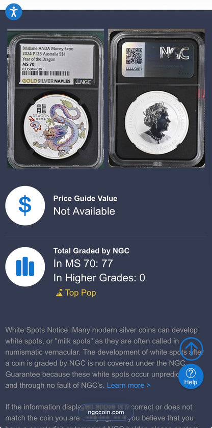 2024 P125 Silver $1 Australia Lunar Series III NGC MS70 Year of the Dragon White Colorized Brisbane ANDA Money Expo Naples Label Black (Rare 1 of 77)