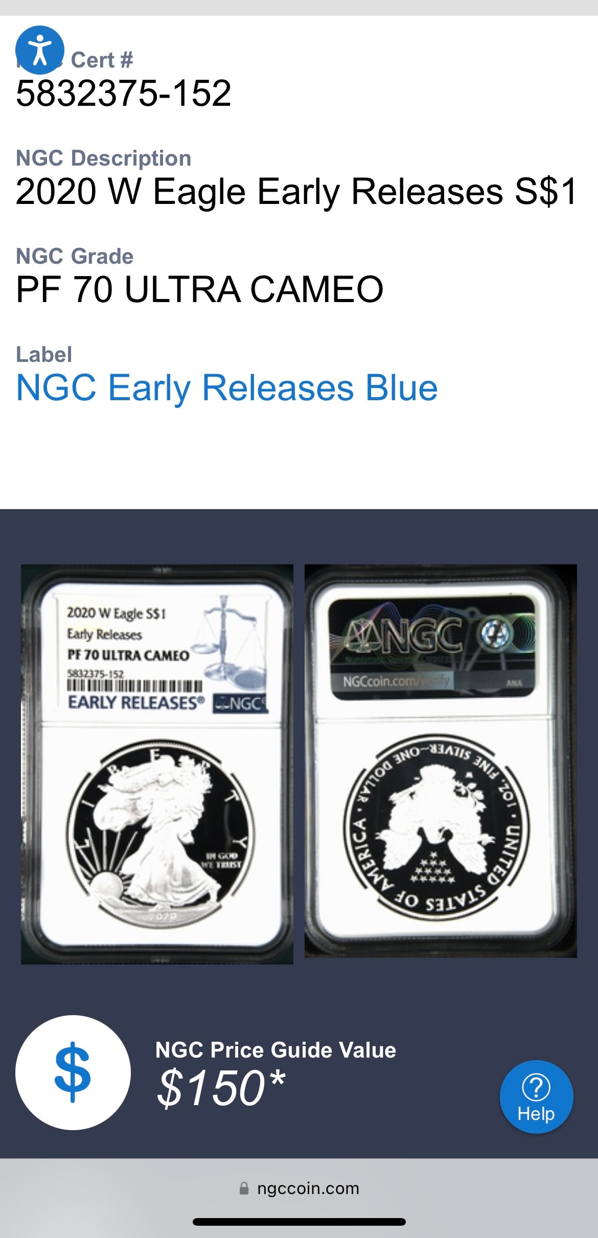 Proof 2020 (W) $1 American Silver Eagle NGC PF70 Early Releases Modern Blue Label Mint Condition (1 of 4,472)