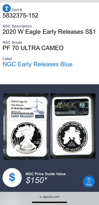 Proof 2020 (W) $1 American Silver Eagle NGC PF70 Early Releases Modern Blue Label Mint Condition (1 of 4,472)