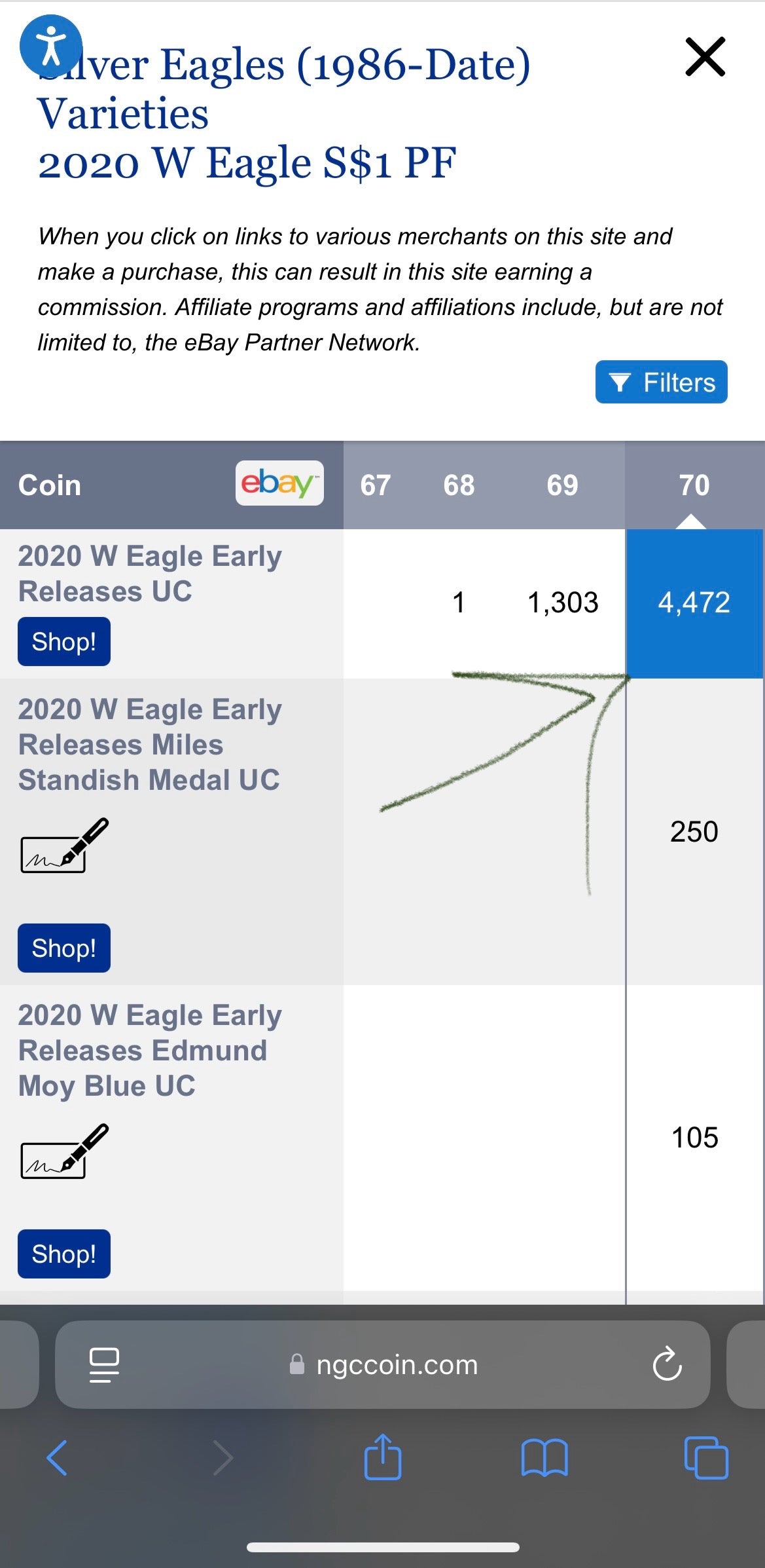 Proof 2020 (W) $1 American Silver Eagle NGC PF70 Early Releases Modern Blue Label Mint Condition (1 of 4,472)