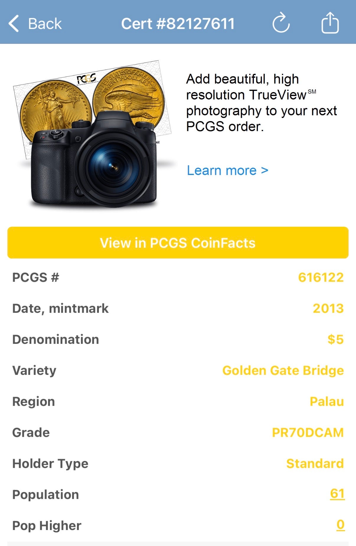 2013 Palau Silver Dollar $5 PCGS PR70DCAM World of Wonders Golden Gate Bridge Colorized (1 of 61)