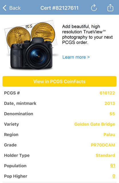 2013 Palau Silver Dollar $5 PCGS PR70DCAM World of Wonders Golden Gate Bridge Colorized (1 of 61)