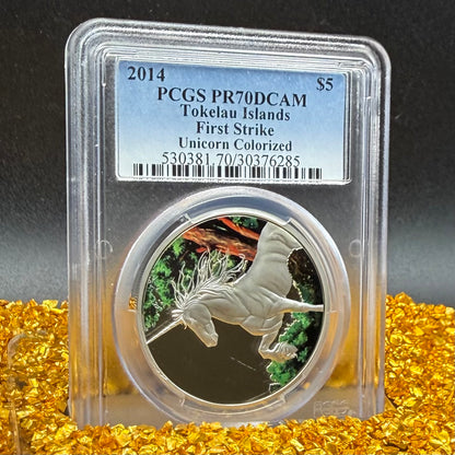 2014 1 oz Tokelau Islands Silver Dollar $5 PCGS First Strike PR70DCAM Creatures of Myth & Legend Unicorn Colorized (1 of 15)