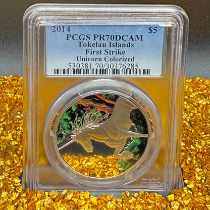 2014 1 oz Tokelau Islands Silver Dollar $5 PCGS First Strike PR70DCAM Creatures of Myth & Legend Unicorn Colorized (1 of 15)