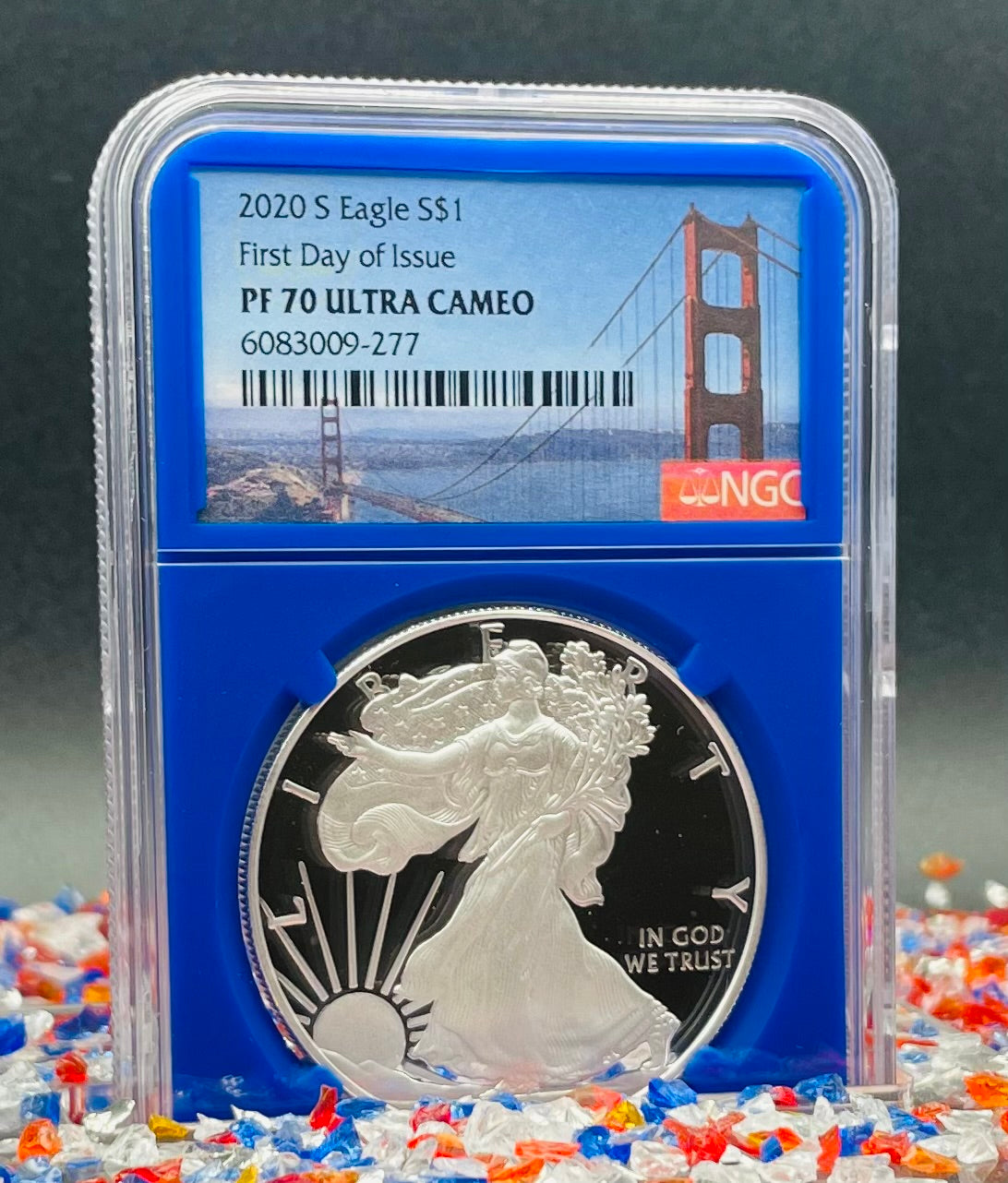 Proof 2020 (S) $1 American Silver Eagle NGC PF70UC FDOI Golden Gate Label Blue Core (1 of 7,634)