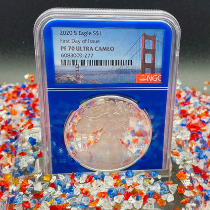 Proof 2020 (S) $1 American Silver Eagle NGC PF70UC FDOI Golden Gate Label Blue Core (1 of 7,634)