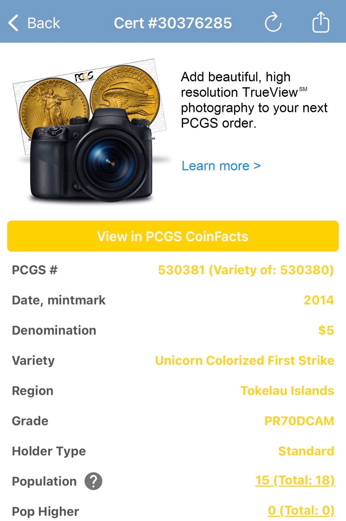 2014 1 oz Tokelau Islands Silver Dollar $5 PCGS First Strike PR70DCAM Creatures of Myth & Legend Unicorn Colorized (1 of 15)