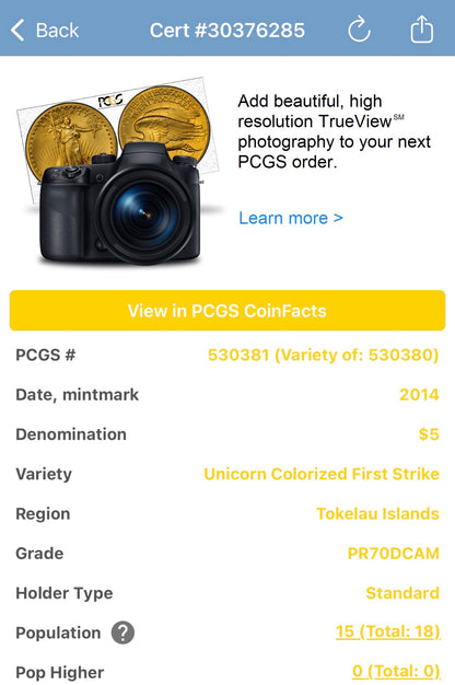 2014 1 oz Tokelau Islands Silver Dollar $5 PCGS First Strike PR70DCAM Creatures of Myth & Legend Unicorn Colorized (1 of 15)