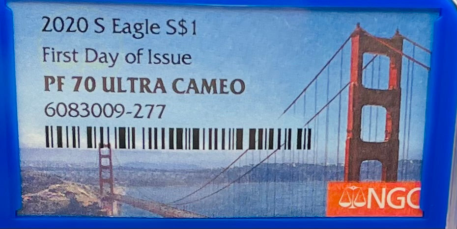 Proof 2020 (S) $1 American Silver Eagle NGC PF70UC FDOI Golden Gate Label Blue Core (1 of 7,634)
