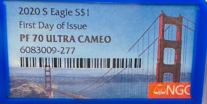 Proof 2020 (S) $1 American Silver Eagle NGC PF70UC FDOI Golden Gate Label Blue Core (1 of 7,634)