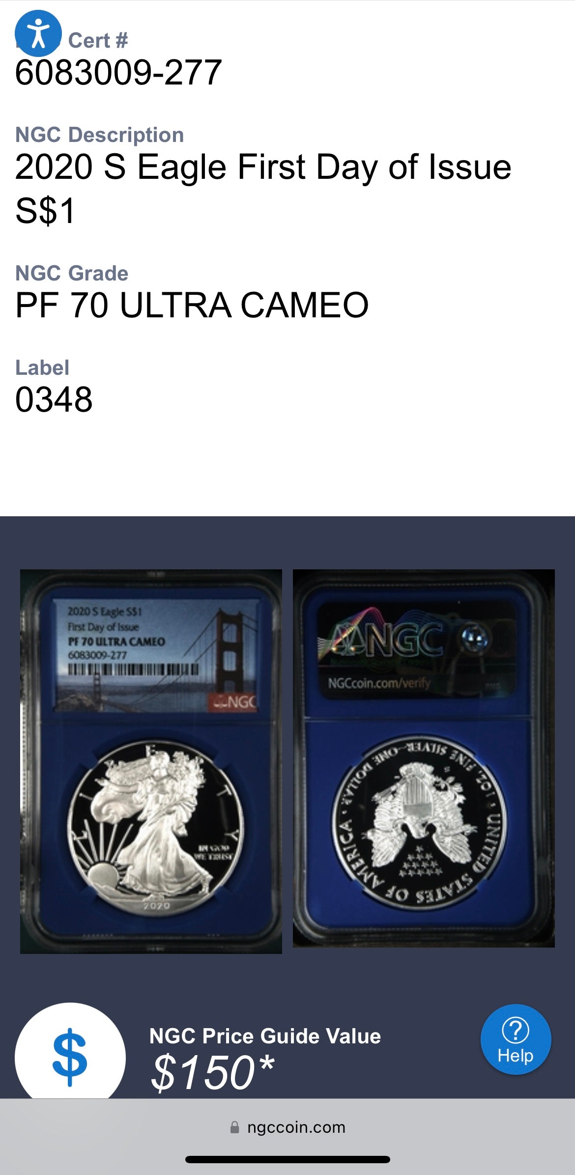 Proof 2020 (S) $1 American Silver Eagle NGC PF70UC FDOI Golden Gate Label Blue Core (1 of 7,634)