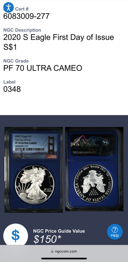 Proof 2020 (S) $1 American Silver Eagle NGC PF70UC FDOI Golden Gate Label Blue Core (1 of 7,634)