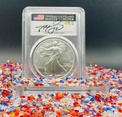 2022 (W) $1 American Silver Eagle PCGS MS70 Master Designer Thomas Cleveland Signed American Flag Black Label Mint Condition (1 of 150)